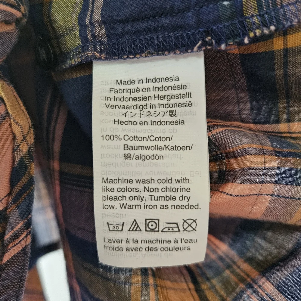 Madewell Plaid Tie Hem Button Front Short Sleeve Shirt Navy Blue Peach Medium - Picture 8 of 12